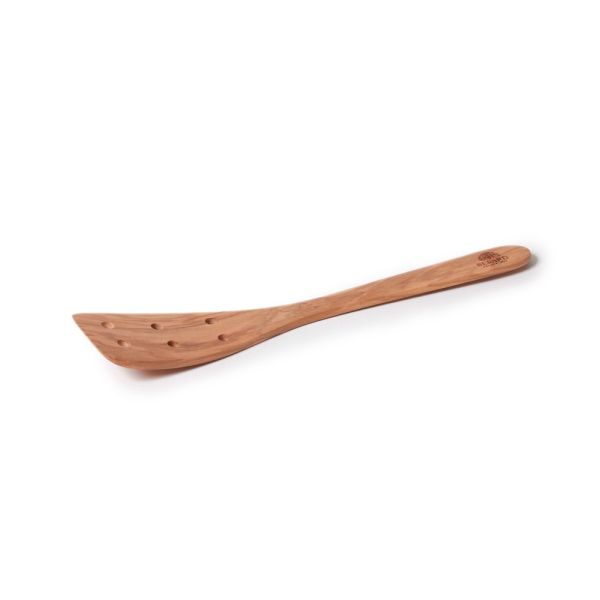 Wide, curved olive wood spatula with 6 holes
