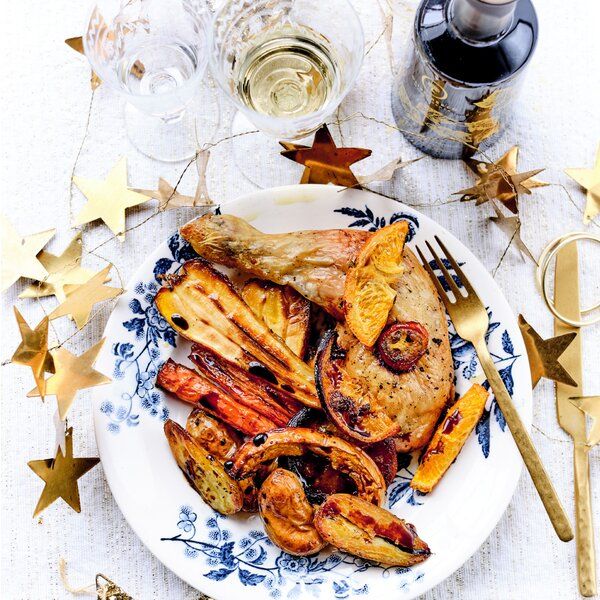 Turkey with clementines and roasted root vegetables