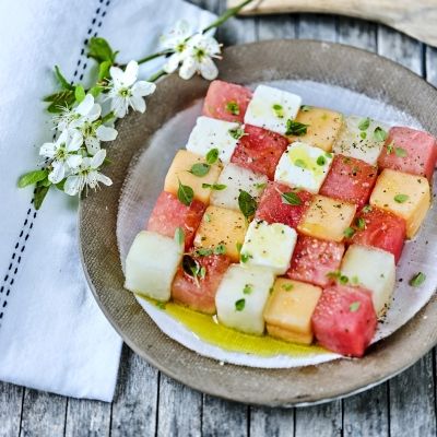 Watermelon, Melon, Cucumber & Feta Mikado Salad