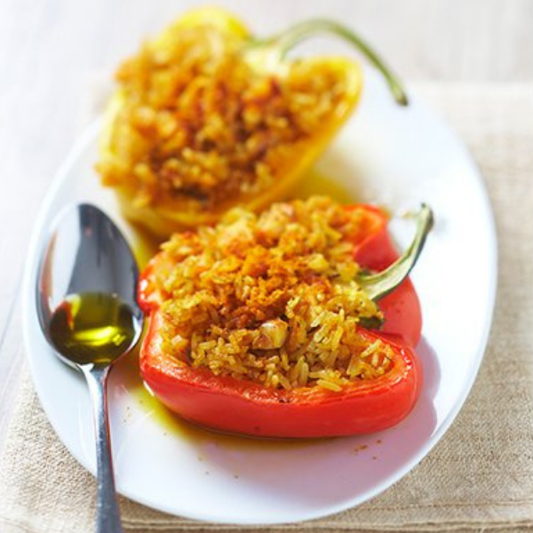 Stuffed Red Peppers with Spiced Chicken & Rice